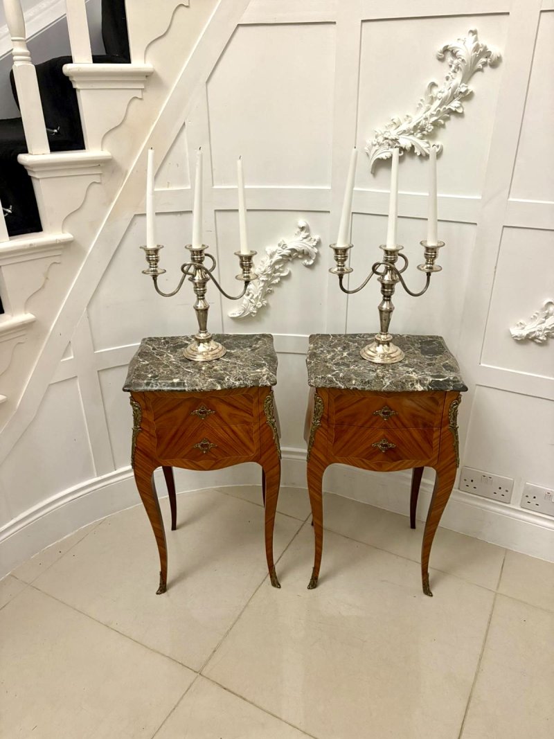 Antique Pair of Quality French Louis XV Style Marble-Top Bedside Cabinets